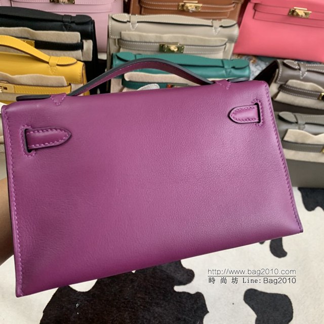 Hermes凱利女包 愛馬仕Minikelly pochette一代 原廠進口swift皮 半手工蠟線 玫瑰紫 金銀扣  tdh2263